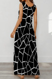 Black And White Casual Print Pocket Patchwork U Neck Long Dresses