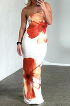 White Sexy Print Patchwork Backless Strapless Long Dresses