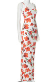 Orange Sexy Print Patchwork Backless Spaghetti Strap Sling Dresses