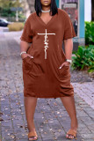 Pink Casual Letter Print Pocket V Neck Short Sleeve Short Sleeve Dress