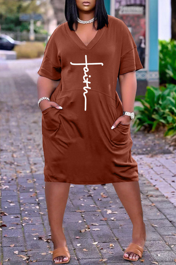 Coffee Casual Letter Print Pocket V Neck Short Sleeve Short Sleeve Dress