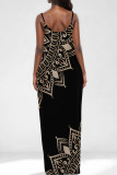 Khaki Elegant Print Pocket Patchwork Spaghetti Strap Sling Dresses