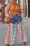 Blue Street Plaid Pocket Buttons Patchwork Zipper Mid Waist Loose Denim Jeans