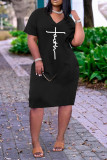 Pink Casual Letter Print Pocket V Neck Short Sleeve Short Sleeve Dress