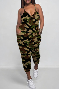 Dark Green Street Camouflage Print Pocket Patchwork Backless Spaghetti Strap Regular Jumpsuits