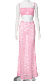 Pink Sexy Solid Color Lace Patchwork See-Through Backless Strapless Sleeveless Two Pieces