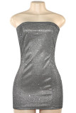 Grey Sexy Solid Color Patchwork Backless Sequined Strapless Wrapped Skirt Dresses