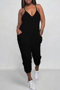 Black Street Camouflage Print Pocket Patchwork Backless Spaghetti Strap Regular Jumpsuits