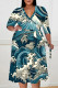 Navy Elegant Geometric Print Lace Up Contrast V Neck Printed Plus Size Dresses