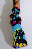 Deep Coffee Elegant Splashed ink printing Contrast Off Shoulder One Step Skirt Dresses