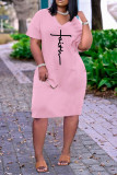 Pink Casual Letter Print Pocket V Neck Short Sleeve Short Sleeve Dress