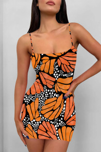 Orange Sexy Geometric Print Cartoon Print Contrast Printed Dresses