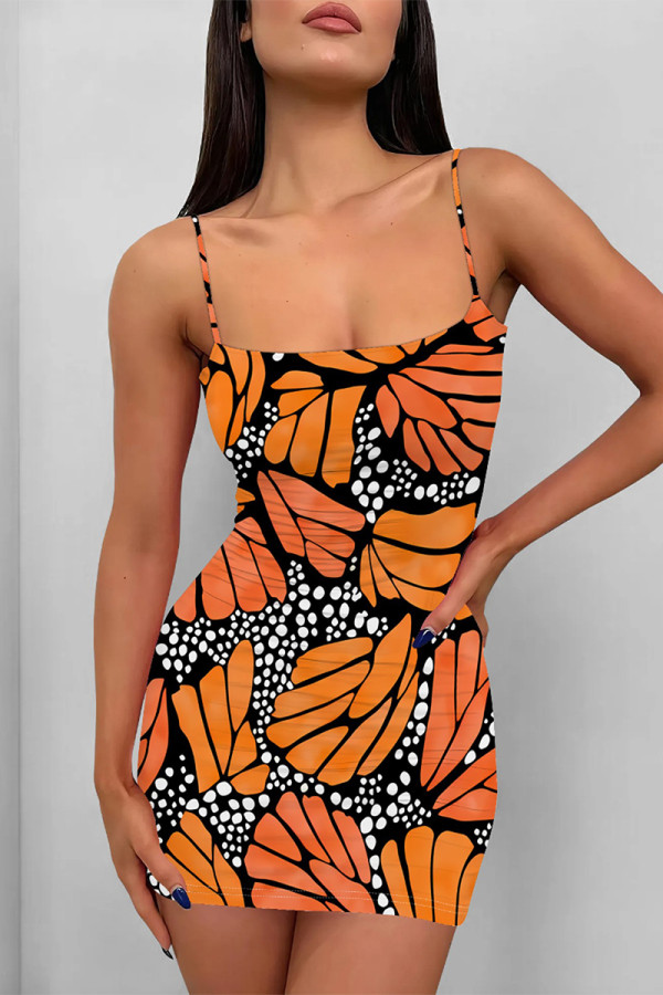Orange Sexy Geometric Print Cartoon Print Contrast Printed Dresses