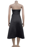 Black Elegant Solid Color Pocket Patchwork Backless Ruched Strapless A Line Dresses