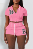 Pink Casual Street Letters Draw String Zipper Embroidery Hooded Short Sleeve Two Pieces