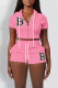 Pink Casual Street Letters Draw String Zipper Embroidery Hooded Short Sleeve Two Pieces