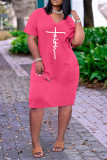 Pink Casual Letter Print Pocket V Neck Short Sleeve Short Sleeve Dress