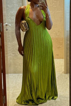 Green Elegant Solid Color Patchwork Pleated V Neck Pleated Dresses