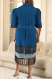 Deep Blue Street Solid Color Fringed Trim Pocket Buckle Patchwork Turndown Collar Long Plus Size Dresses