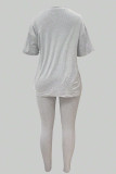 Grey Casual Print Patchwork O Neck Short Sleeve Two Pieces