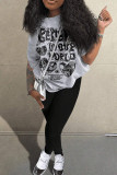 Grey Black Casual Print Patchwork O Neck Short Sleeve Two Pieces