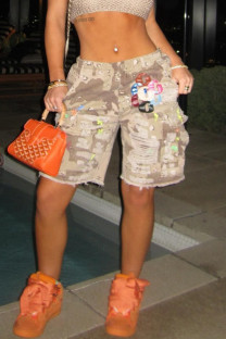 Caramel Colour Street Letters Ripped Pocket Buttons Patchwork Zipper Loose Low Waist Straight Patchwork Bottoms