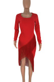 Red Sexy Solid Color Fringed Trim Patchwork U Neck Wrapped Skirt Dresses