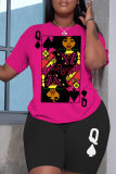 Rose Red Casual Print Basic O Neck Short Sleeve Two Pieces