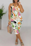 Navy Blue Sexy Geometric Print Contrast V Neck Printed Dresses