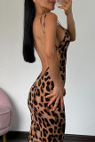 Leopard Print Sexy Leopard Print Patchwork Backless High Slit Spaghetti Strap Sling Dresses