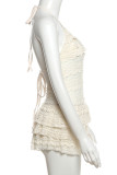 Apricot Sexy Solid Color Patchwork See-Through Backless Strap Design Halter Regular Rompers
