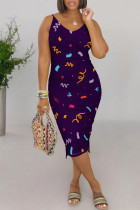 Navy Blue Sexy Geometric Print Contrast V Neck Printed Dresses