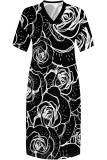 Pink Casual Flowers Print Pocket Contrast V Neck Printed Plus Size Dresses
