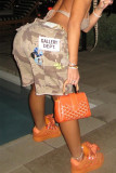 Caramel Colour Street Letters Ripped Pocket Buttons Patchwork Zipper Loose Low Waist Straight Patchwork Bottoms