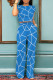 Blue Casual Daily Print Stripe Pocket O Neck Short Sleeve Two Pieces