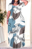Blue Casual Geometric Print Floral Print Contrast O Neck Printed Plus Size Dresses