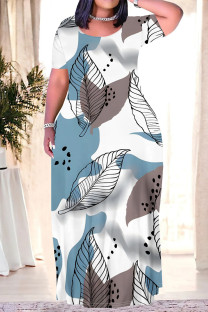White Casual Geometric Print Floral Print Contrast O Neck Printed Plus Size Dresses