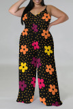 Red Casual Floral Print Contrast V Neck Plus Size Jumpsuits(With a turban)