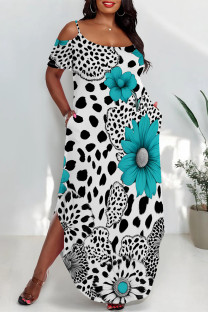 Leopard Print Sexy Floral Print Pocket Slit Contrast U Neck Printed Plus Size Dresses