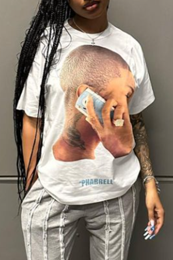 White Casual Street Figure Print O Neck T-Shirts