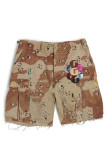 Caramel Colour Street Letters Ripped Pocket Buttons Patchwork Zipper Loose Low Waist Straight Patchwork Bottoms