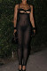 Black Sexy Solid Color Hollow Out Patchwork Backless Spaghetti Strap Skinny Jumpsuits