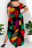 Leopard Print Sexy Floral Print Pocket Slit Contrast U Neck Printed Plus Size Dresses
