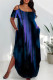 Blue Purple Casual Print Pocket Patchwork Backless Slit Spaghetti Strap Straight Plus Size Dresses