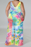 Multicolor Casual Street Floral Print Splashed ink printing Contrast V Neck Plus Size Jumpsuits(With a turban)
