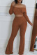 Brown Casual Solid Color Buckle Patchwork Backless Off Shoulder Long Sleeve Two Pieces