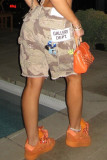 Caramel Colour Street Letters Ripped Pocket Buttons Patchwork Zipper Loose Low Waist Straight Patchwork Bottoms