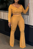 Red Casual Solid Color Buckle Patchwork Backless Off Shoulder Long Sleeve Two Pieces