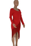Red Sexy Solid Color Fringed Trim Patchwork U Neck Wrapped Skirt Dresses