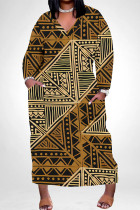 Khaki Casual Geometric Print Flowers Print Pocket Contrast V Neck Printed Plus Size Dresses